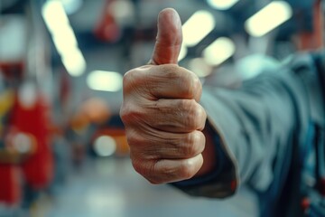 Hands of car mechanic taking a thumbs up in the garage service shop