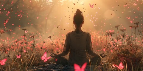 Meditating lady surrounded by a golden aura of peace and stillness with pink butterflies around - obrazy, fototapety, plakaty