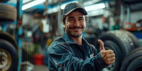 Smiling auto young man mechanic in cap and mechanic's uniform standing with taking thumbs up in new Tire service garage shop