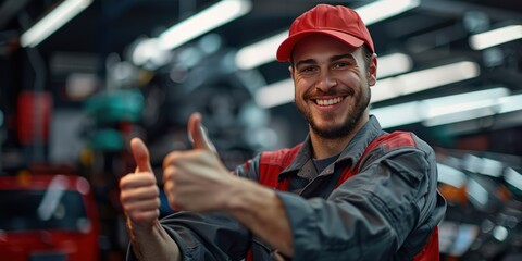 Fototapeta premium Smiling auto young man mechanic in hat and mechanic's uniform standing with taking thumbs up in new auto repair service garage