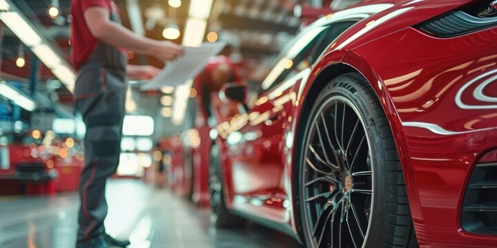 Mechanic show the car checking list for customer with blur his assistant checking red car, Focus on mechanic and customer on the right side, in Auto car repair service center shop