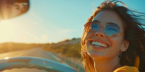 Young beautiful women getting new car, she very happy and excited, Smiling driving vehicle on the road on a bright day - obrazy, fototapety, plakaty