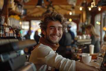 Young Male start-up entrepreneur, happy and smiling, working on a computer in the middle of a busy coffee shop with people in the background