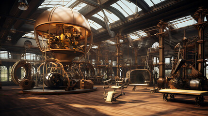 A gym with a Steampunk airship theme, featuring industrial decor and airship-inspired workout...