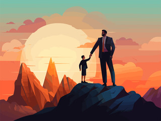 silhouette of a kid and man in the mountains