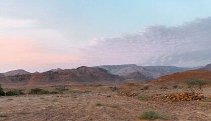 Beautiful sunset on way out the gorge Wadi Al Ghuwayr or An Nakhil and the wadi Al Dathneh near Amman in Jordan