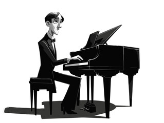 man  playing piano and black and white 