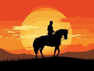 Fototapeta na wymiar cowboy riding horse at sunset scene