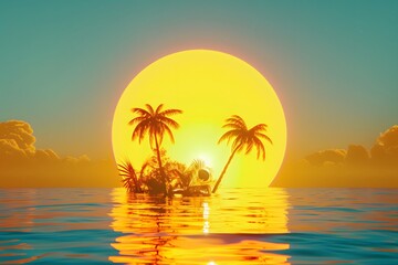 Tropical Beach Sunset with Palm Trees and Reflective Ocean