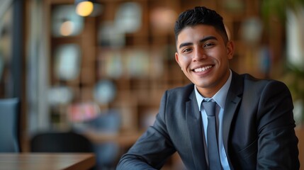 Capture the professionalism and contentment of a young Hispanic businessman inside his office. 