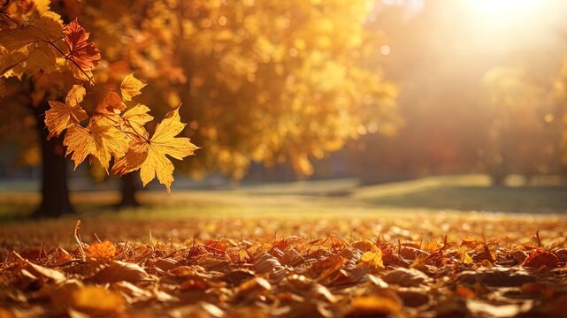 golden autumn leaves illuminated by sunlight. The leaves form a warm, serene carpet on the ground, creating a scenic landscape. Ideal for seasonal themes, backgrounds, and adding an aesthetic touch to