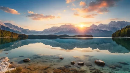 Lichtdoorlatende rolgordijnen zonder boren Reflectie A breathtaking sunrise over a serene lake, reflecting majestic snow-capped mountains and lush green forest. Ideal for nature-themed content, high-resolution landscape photography, and wallpapers