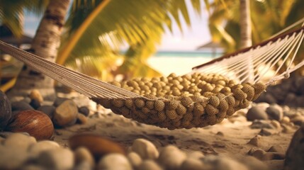 Tropical Beach Photo Hammock in coconut tree. - obrazy, fototapety, plakaty