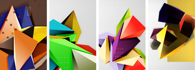 Trendy low poly 3d triangle shapes and other geometric elements background designs for wallpaper, business card, cover, poster, banner, brochure, header, website