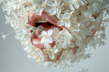 Photography of a tongue adorned with a cascade of tiny white jasmine flowers, evoking purity and...