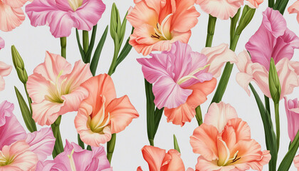 collection of soft pastel gladiolus flowers isolated on a transparent background - obrazy, fototapety, plakaty