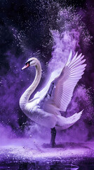 Portrait photography of an elegant swan against a purple and silver powder explosion, serene studio ambiance