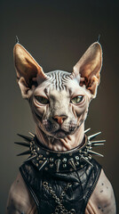 Portrait photography of an edgy Sphynx cat with ear piercings and a spiked collar, studio lights