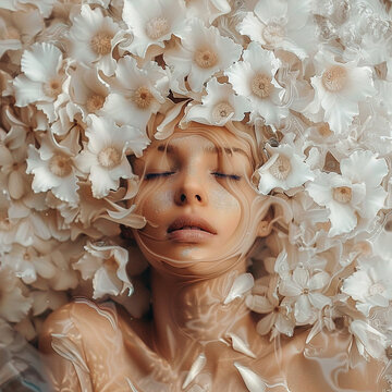 Portrait photography of a surreal woman, her body adorned with ethereal flowers that bloom in the realm of dreams
