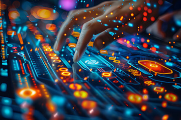 Close-up of hand touching computer screen, showing digital icons with soft edges, blurry details. - obrazy, fototapety, plakaty