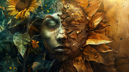 Surreal artwork of a face, half-human, half-sunflower, representing the dual essence of humanity and nature - obrazy, fototapety, plakaty