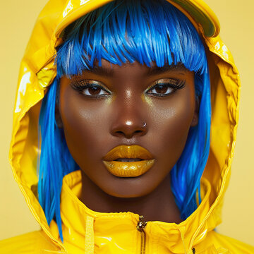Studio portrait photography of an African American woman with electric blue hair, wearing vivid yellow streetwear
