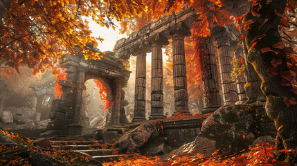 The vibrant contrast of autumn leaves against ancient ruins, lush foliage adorning the relics of time