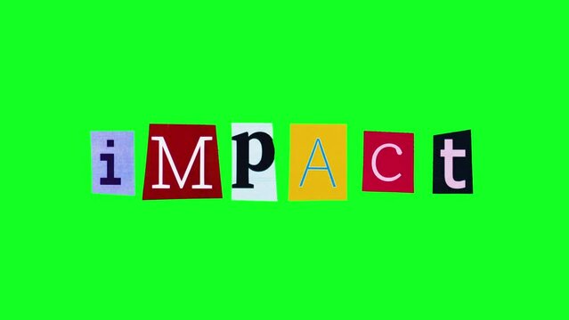 Template logo with the word impact made of moving letters on chroma key background filmed in stop motion. Loop view of the title which refers to a significant or strong influence or effect in politics