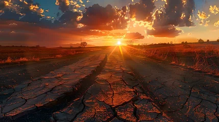 Foto op Plexiglas Stunning sunrise over cracked earth showcasing nature's contrasts. ideal for environmental themes. natural beauty captured in landscape format. AI © Irina Ukrainets