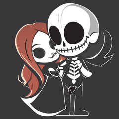 couples in love the lovers, in the style of skeletal, graphic black and white, deathcore, low resolution, bioluminescence, crisp outlines, vector illustration kawaii