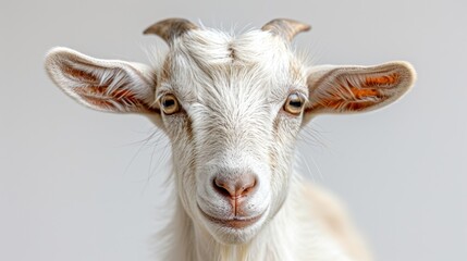 close up Head of white horned goat on white background