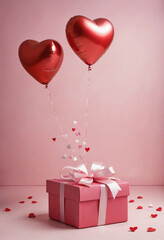 Pink gift box and red heart bloons