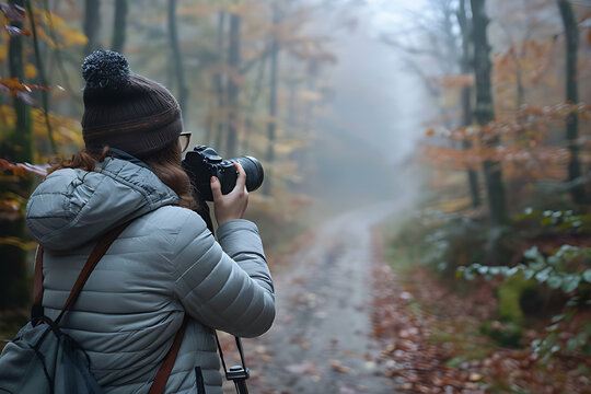 A woman photographing a quiet, mist-shrouded autumn forest path.