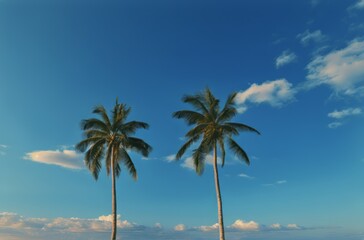 Twin palms standing tall against a serene blue sky at dusk