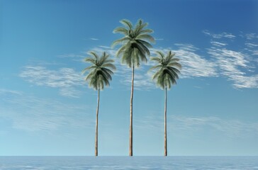 three palm trees in the water with a blue sky and clouds