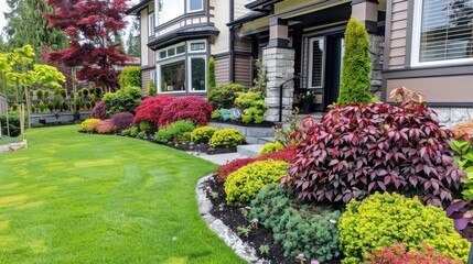 Obraz premium Front yard, landscape design with multicolored shrubs intersecting with bright green lawns behind the house is a modern