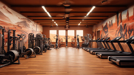 A gym with a Wild West theme, featuring cowboy and cowgirl-inspired workouts and Western decor.