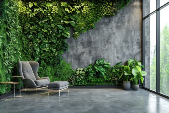 Green plants wall with vertical garden in home interior. Theme of vegetation, nature and eco design.
