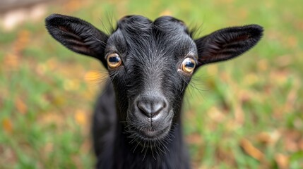 Close up portrait of big eyed black goat on green grass background