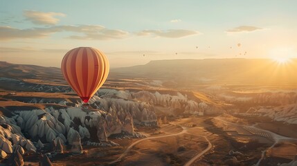 Fototapeta premium Serene hot air balloon flight at sunrise over scenic landscape. adventure and travel concept. photogenic outdoor scene. calm morning activity. AI
