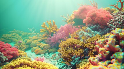 Fototapeta na wymiar Vibrant underwater seascape with colorful coral reef. marine ecosystem in sunlight. ideal for ecology and travel themes. digital artwork. AI