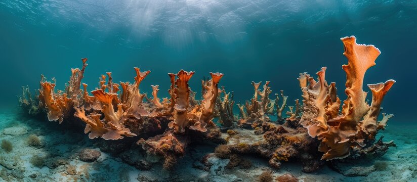 This image showcases a vibrant coral reef in the ocean, specifically featuring Elkhorn Coral at Tres Palmas Marine Reserve in Rincon, Puerto Rico. The reef is teeming with marine life, including