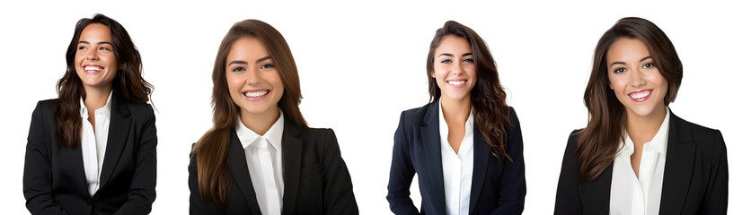 A smiling business woman wearing a suit isolated on a transparent PNG background, white background , Generative Ai