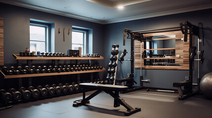 Fototapeta na wymiar A home gym with limited space, maximizing the use of wall-mounted exercise equipment.