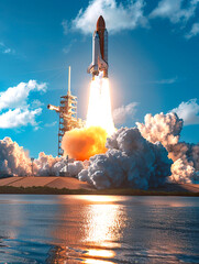 Majestic Rocket Launch at Daytime, A towering rocket ignites its engines, lifting off amidst a dramatic plume of smoke and fire against a clear blue sky
