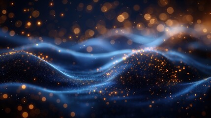 Elegant blue background with curved light effect decoration along with golden lines with bokeh elements.