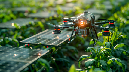 Agricultural Drone Over Solar Panels, A high-tech drone hovers above solar panels nestled within a lush agricultural field, representing the synergy between modern technology and sustainable farming p