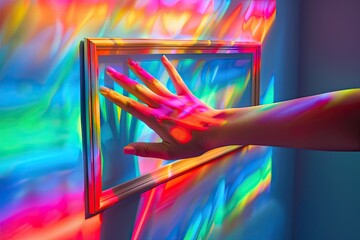 A holographic image of a hand and a frame on the wall in rainbow colors.