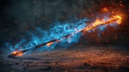 Magic wand with blue light effect, image of glowing lines with glitter particles, swirling magic energy, wizard magic. - obrazy, fototapety, plakaty