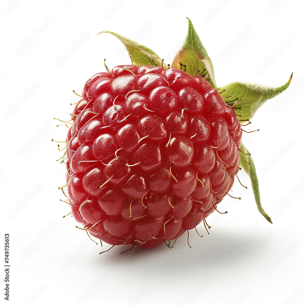 Poster a macro shot of a ripe raspberry showing its detailed texture and vibrant red color, highlighting th